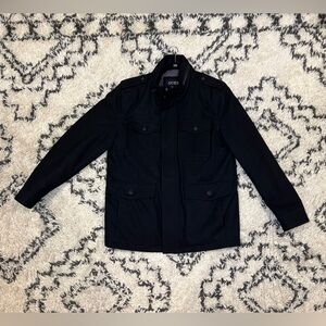 Men’s Black Guess Pea Coat Wool Quilted Lined Jacket - Size Large